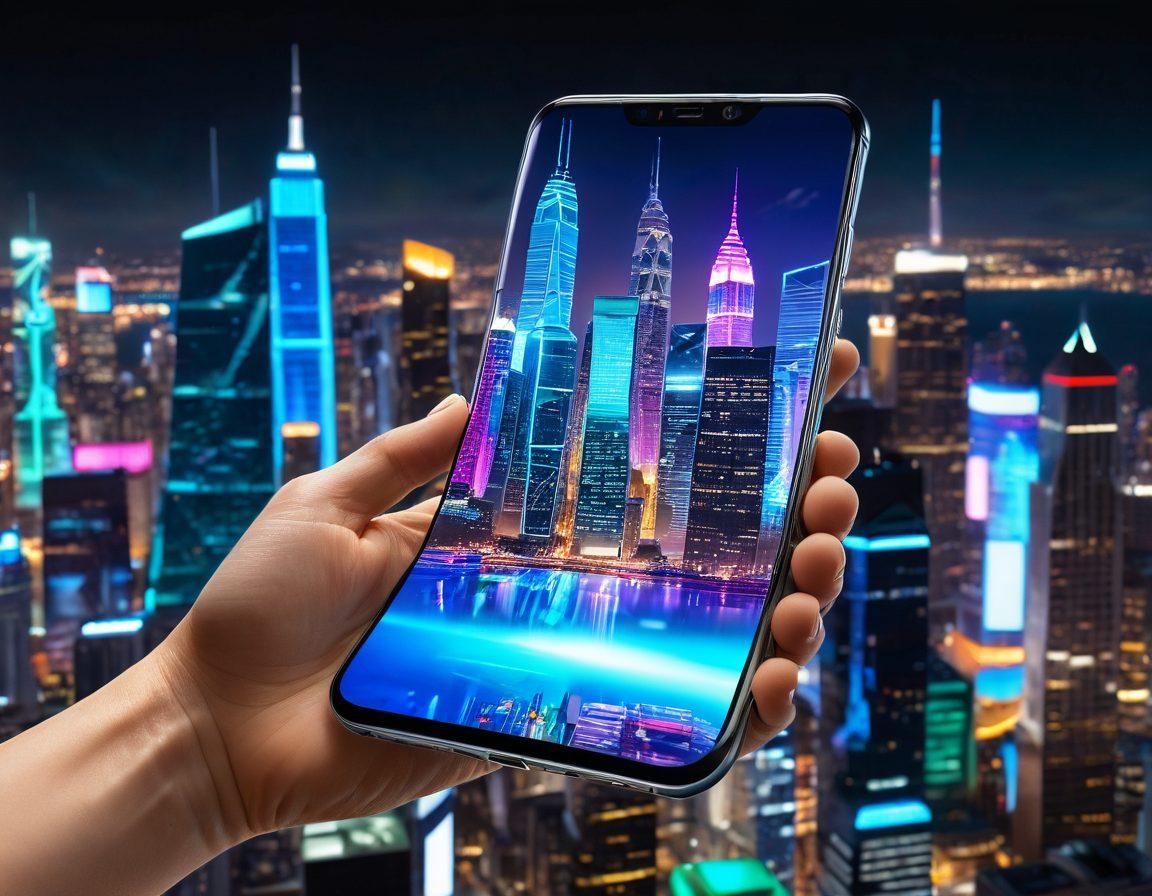 A futuristic smartphone with holographic interfaces displaying emerging trends like AI integration, 5G connectivity, and flexible screens, surrounded by a vibrant cityscape symbolizing technological advancement. The phone should be highlighted in the foreground with dynamic colors reflecting innovation and creativity. super-realistic. vibrant colors. 3D.