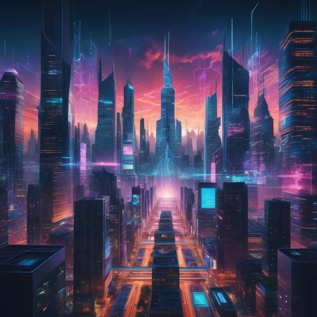 A futuristic cityscape featuring interconnected mobile devices like smartphones and tablets, seamlessly integrated into the skyline. The image should showcase vibrant, glowing network lines connecting buildings to symbolize technological advancements. Include various mobile technology icons, like app symbols and wireless signals, blending into the background. The sky should have a digital overlay with circuit patterns, representing a tech-savvy future. cyberpunk. vibrant colors. super-realistic.