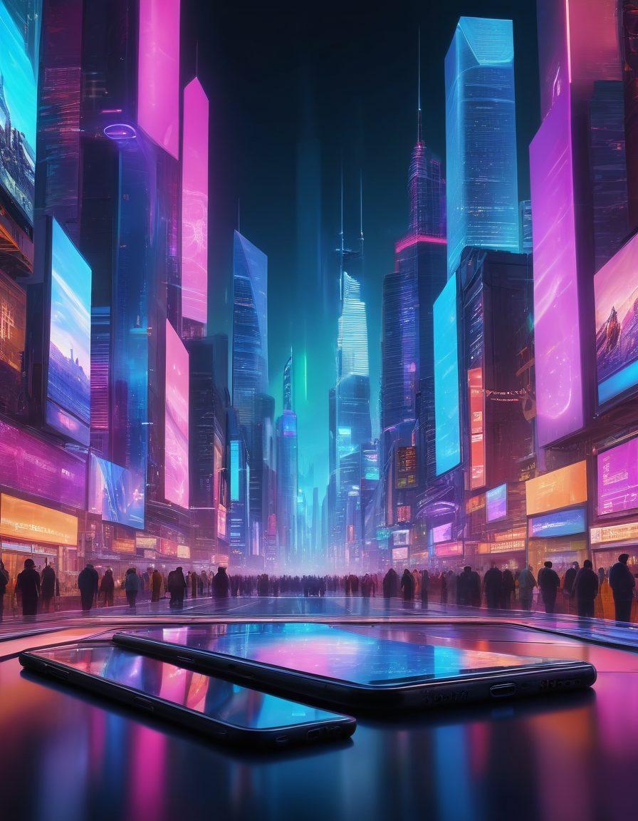 A futuristic smartphone floating above a vibrant cityscape, showcasing holographic screens displaying innovative apps and connectivity features. The skyline is illuminated with neon lights, while diverse individuals interact seamlessly with their devices, symbolizing global connectivity. Engaging elements like 5G signals and AI interfaces are present in the background. super-realistic. vibrant colors. cyberpunk.